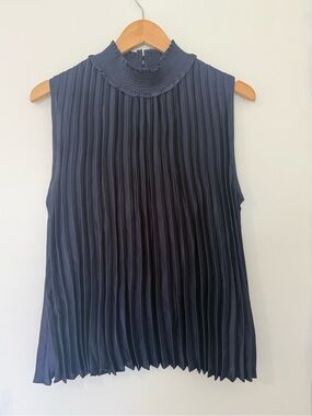 Nanette Lepore Pleated Sleeveless Mock Neck Blouse Navy Blue Size Large